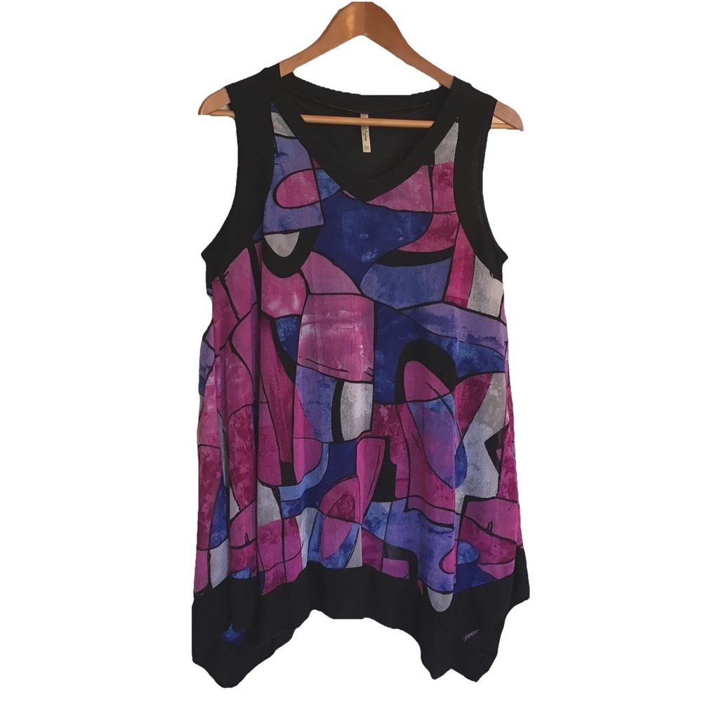 INDI Boutique Lined Top Womens One Size Tank Tunic Sleeveless Vneck Abstract Art